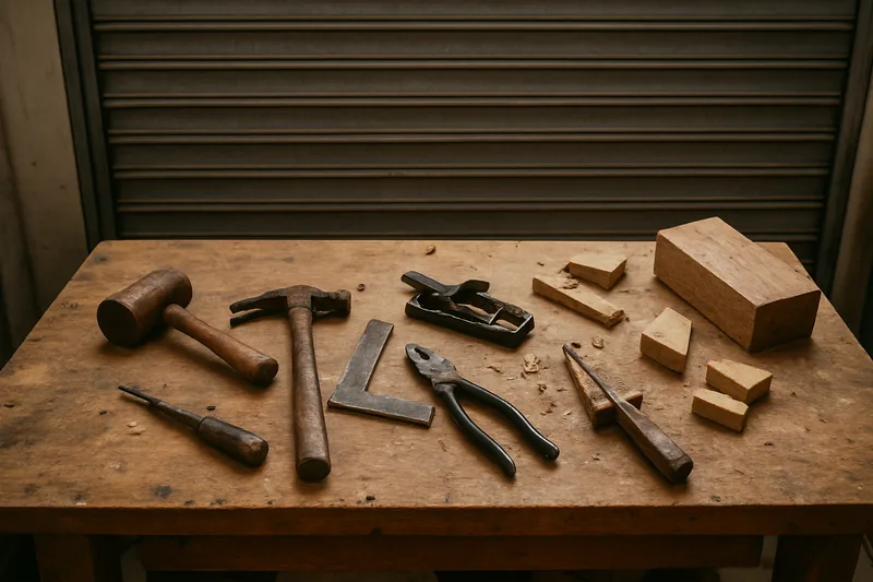A workshop bench with hand tools and timber offcuts — business line of credit, Townsville. Illustrative example.