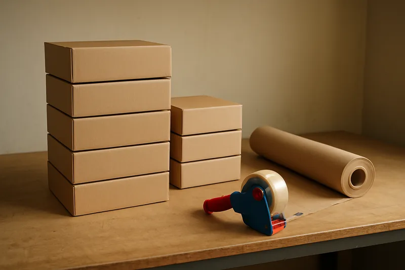Plain cartons stacked on a packing bench beside a tape gun — how a business line of credit works, Townsville. Illustrative example.