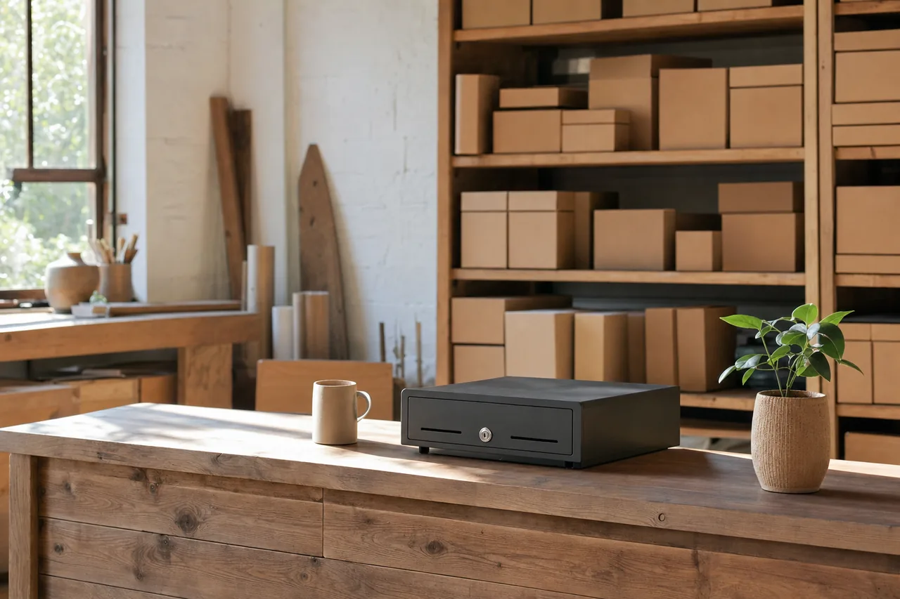 A plain timber shop counter with a closed cash drawer, a ceramic cup and a potted plant — business line of credit, Townsville. Illustrative example.